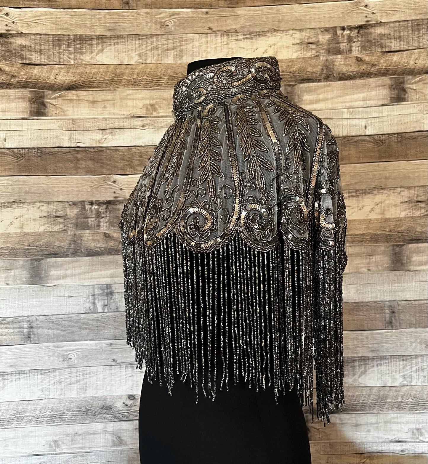 DARK SILVER Fringe Sequin Glass Beaded & Sequin Collar Shoulder Shrug Shawl Applique Wrap Western Rodeo