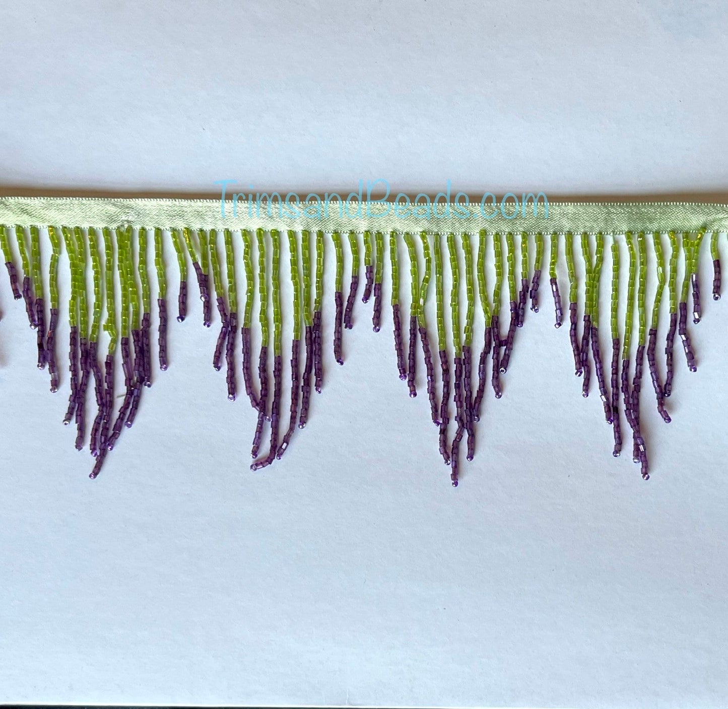 3" Lime Green/Purple  Glass BUGLE Bead CHEVRON Beaded Ombre Fringe Lamp Costume Trim Variegated