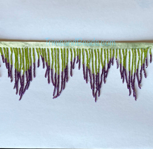 3" Lime Green/Purple  Glass BUGLE Bead CHEVRON Beaded Ombre Fringe Lamp Costume Trim Variegated