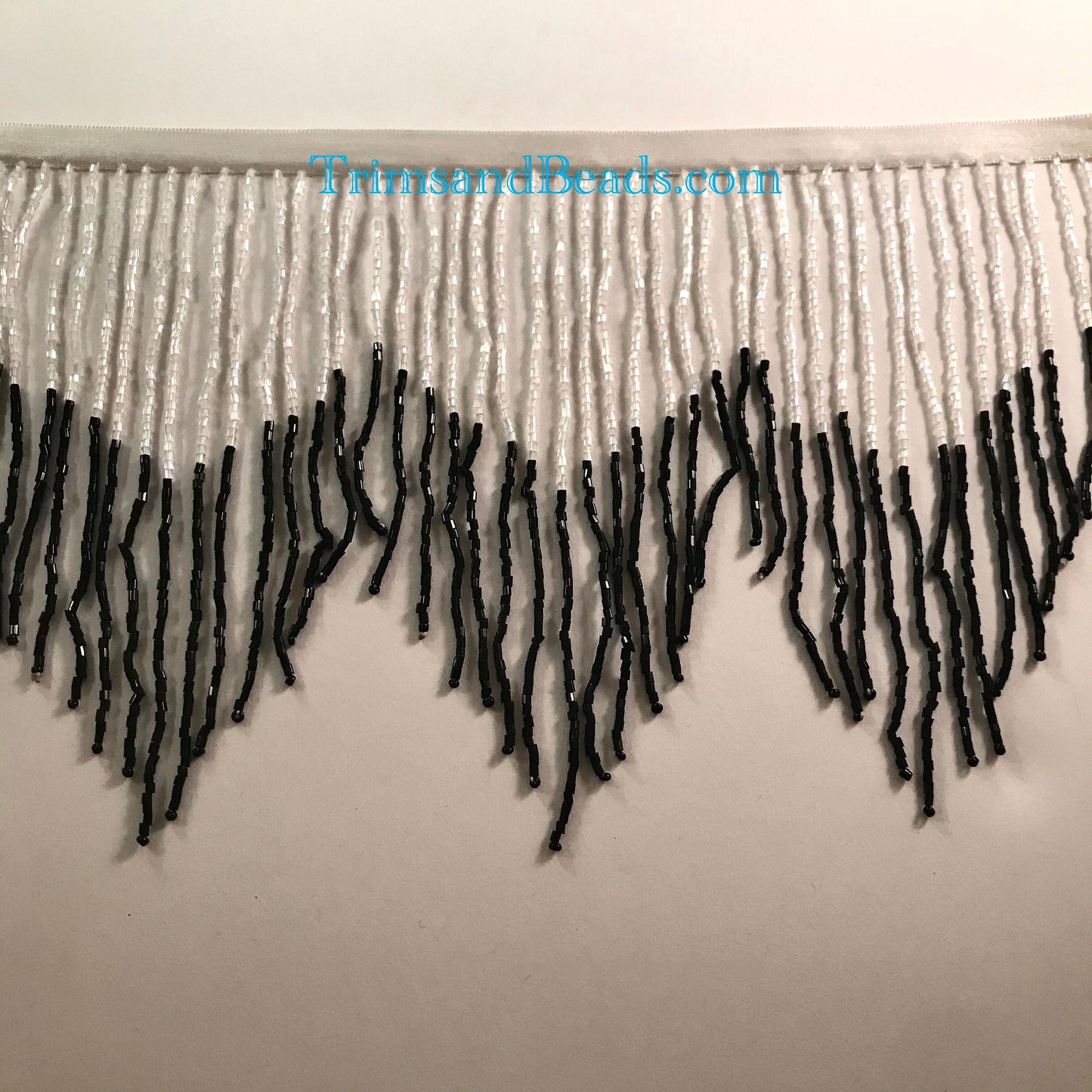 6" Iridescent White AB/Black Ombre Ombré CHEVRON Glass BUGLE Bead Beaded Fringe Lamp Costume Trim Variegated