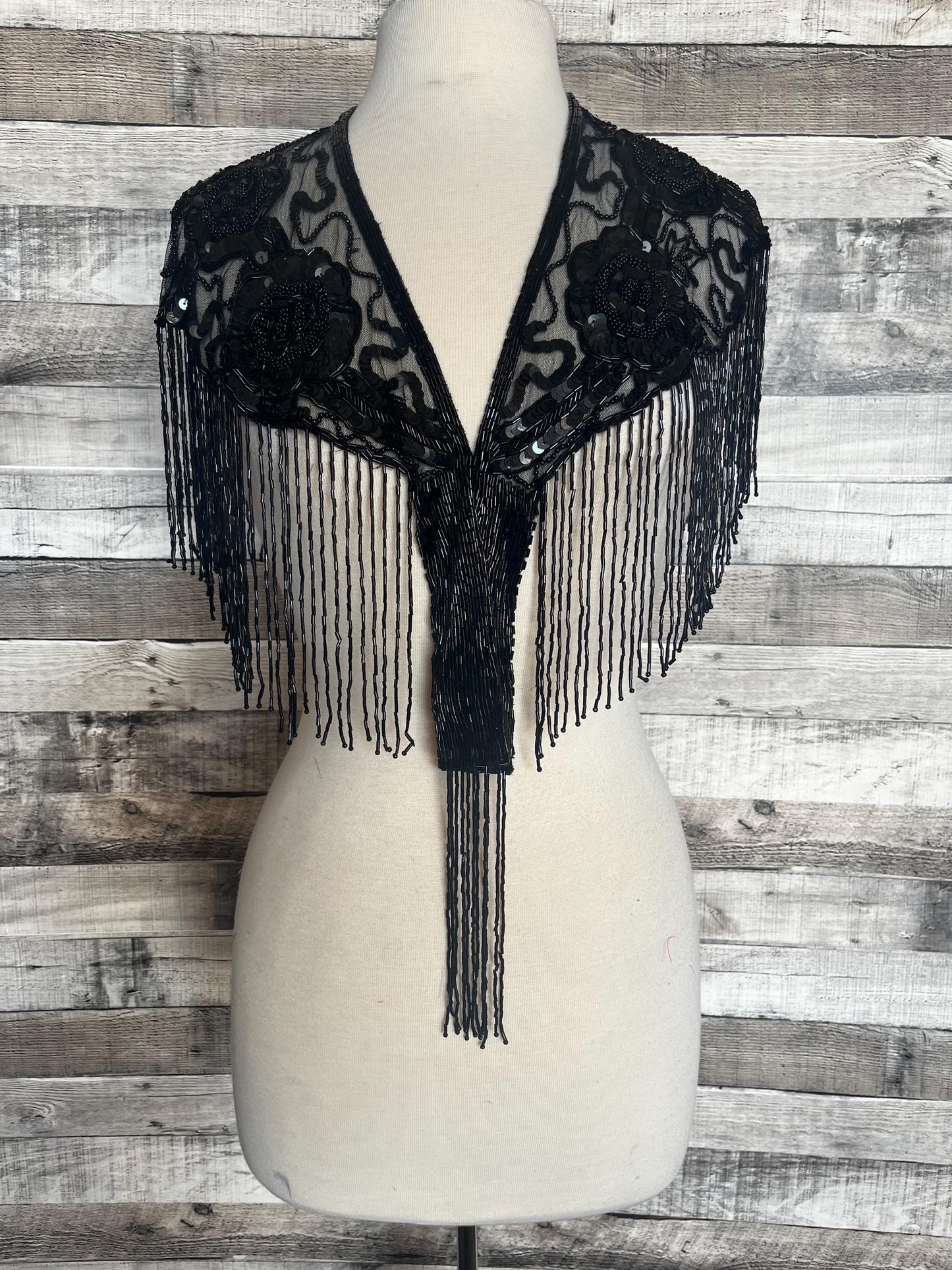 BLACK Sequin Glass Rose Beaded & Sequin Lace Collar Shoulder Shrug Shawl Applique Wrap Bridal