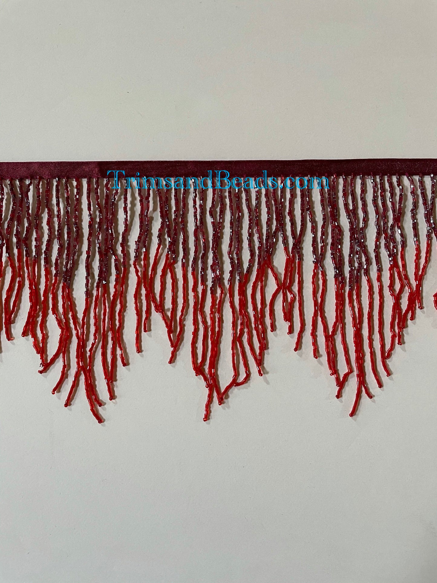 5 Yard Bolt- 6.5" Burgundy/Red Sparkling Ombre Ombré CHEVRON Glass BUGLE Bead Beaded Fringe Lamp Costume Trim Variegated