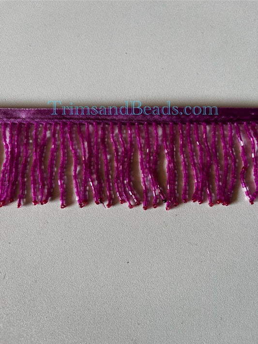 2/2.5" FUCHSIA Pink AB Glass BUGLE Bead Beaded Fringe Lamp Costume Trim