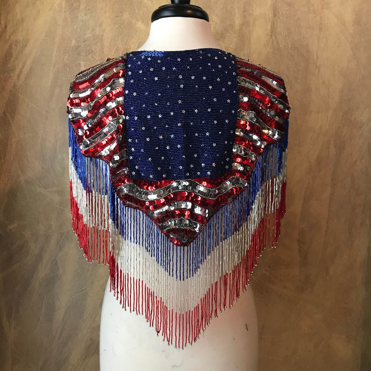 Patriotic Red, White, Blue Flag Sequin Glass Beaded Fringe & Sequin Lace Collar Shoulder Shrug Shawl Applique Wrap Bridal
