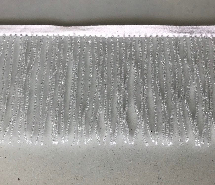 4/4.5" CLEAR with WHITE Lining Glass SEED Bead Beaded Fringe Lamp Costume Trim