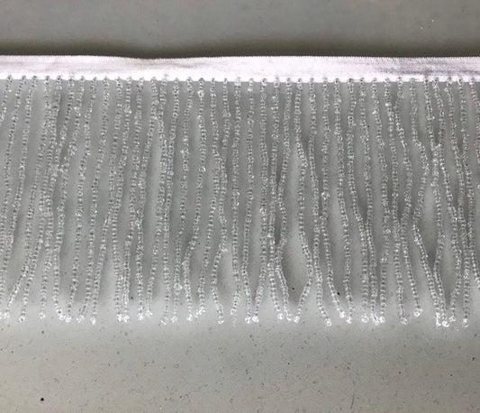 4/4.5" CLEAR with WHITE Lining Glass SEED Bead Beaded Fringe Lamp Costume Trim