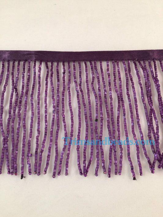 By the Yard 4/4.5" PURPLE Glass BUGLE Bead Beaded Fringe Lamp Costume Trim