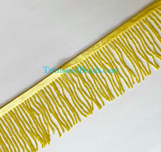 3/3.5" YELLOW Glass BUGLE Bead Beaded Fringe Lamp Costume Trim