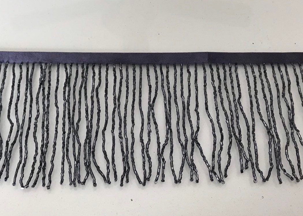 5 Yard Bolt-4/4.5" GUNMETAL GRAY Glass BUGLE Bead Beaded Fringe Lamp Costume Trim