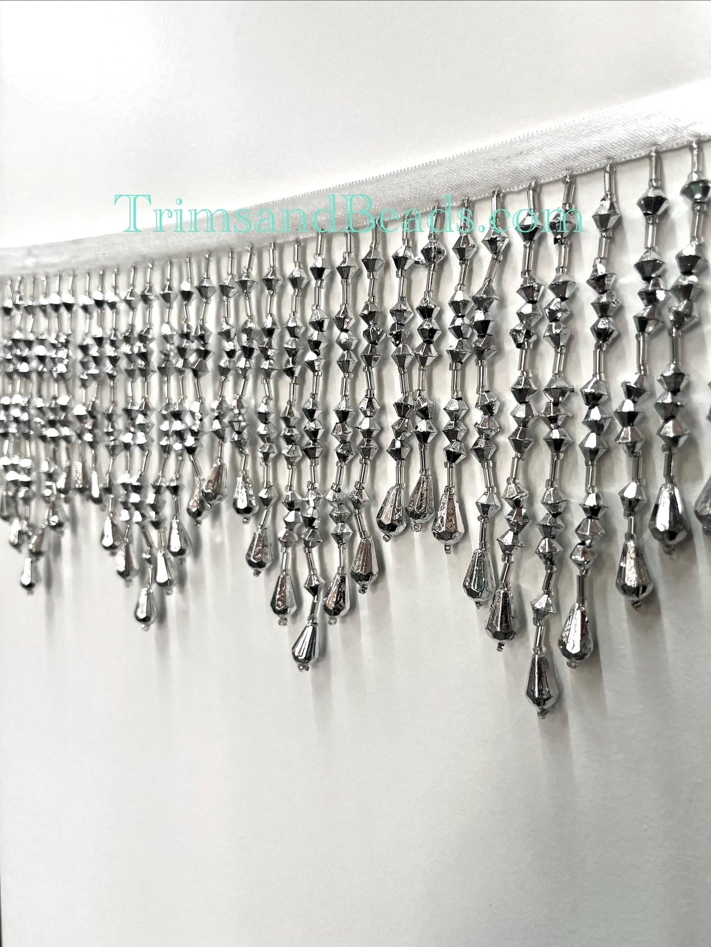 5" Opaque Metallic Silver ACRYLIC & Glass CHEVRON Bead Beaded Fringe Teardrop Ends Lamp Costume Trim