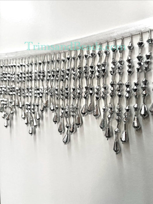 5" Opaque Metallic Silver ACRYLIC & Glass CHEVRON Bead Beaded Fringe Teardrop Ends Lamp Costume Trim