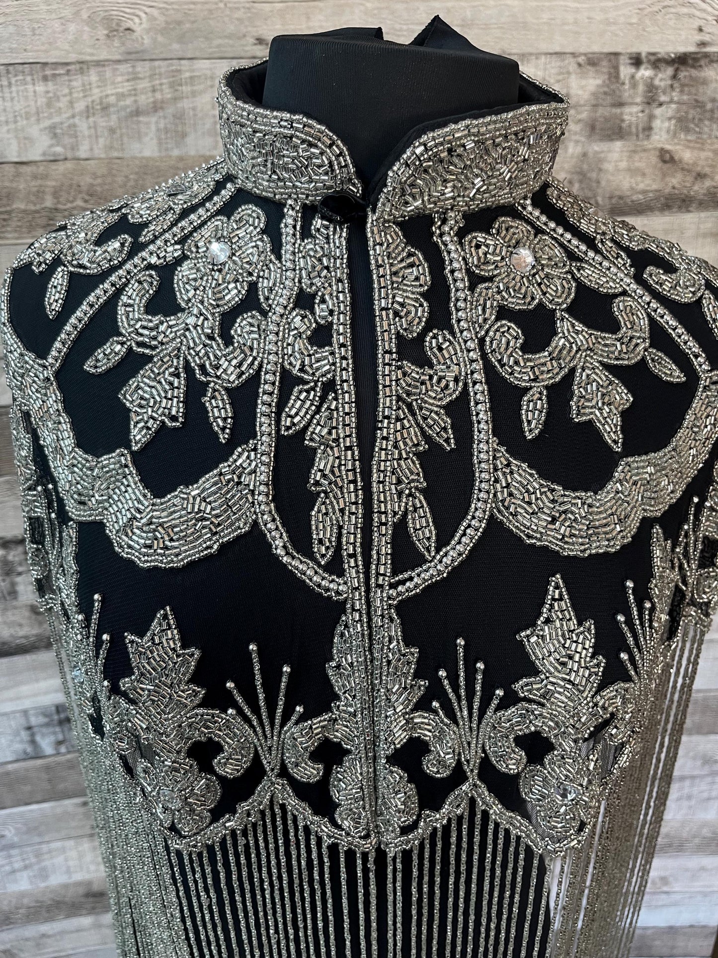 Glamorous Black and Silver Glass Beaded Collar with 24”  Bugle Bead Fringe Shoulder Shrug Shawl Applique Formal Wrap Western Rodeo