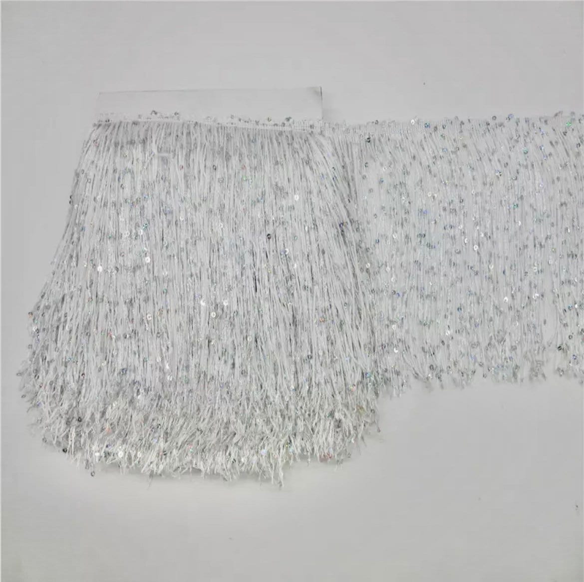 By the Yard-8" WHITE with SILVER laser Sequins CHAINETTE Fabric Fringe Lampshade Lamp Costume Trim