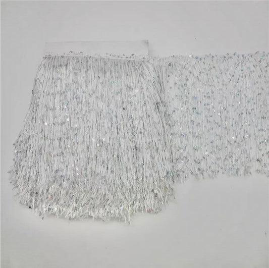 By the Yard-8" WHITE with SILVER laser Sequins CHAINETTE Fabric Fringe Lampshade Lamp Costume Trim