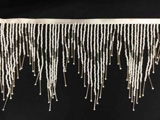 6" White & Silver Glass SEED Bugle Beaded Fringe Chevron Lamp Costume Trim Variegated
