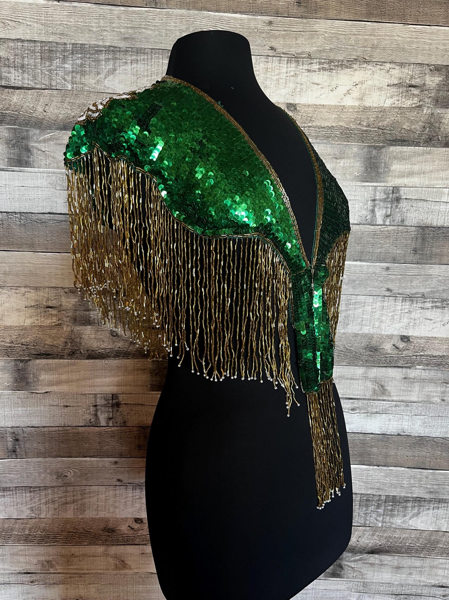 Green/Gold with White Rose Sequin Glass  Beaded & Sequin Lace Collar with Tube Bugle Bead Fringe Shoulder Shrug Shawl Applique Wrap