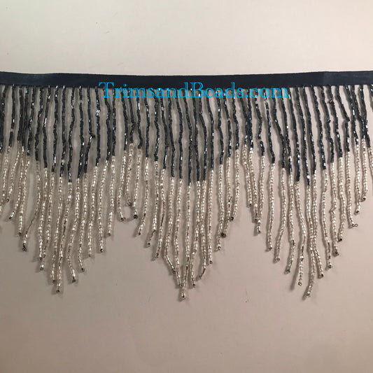 6" Gunmetal Gray/Silver Ombre Chevron Glass BUGLE Bead Beaded Fringe Lamp Costume Trim Variegated