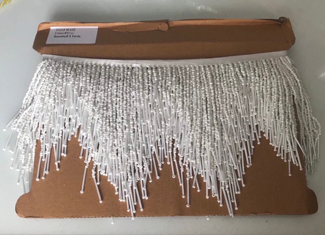 5 Yard Bolt 6.5" WHITE Glass SEED Bugle Beaded Fringe CHEVRON Lamp Costume Trim Variegated