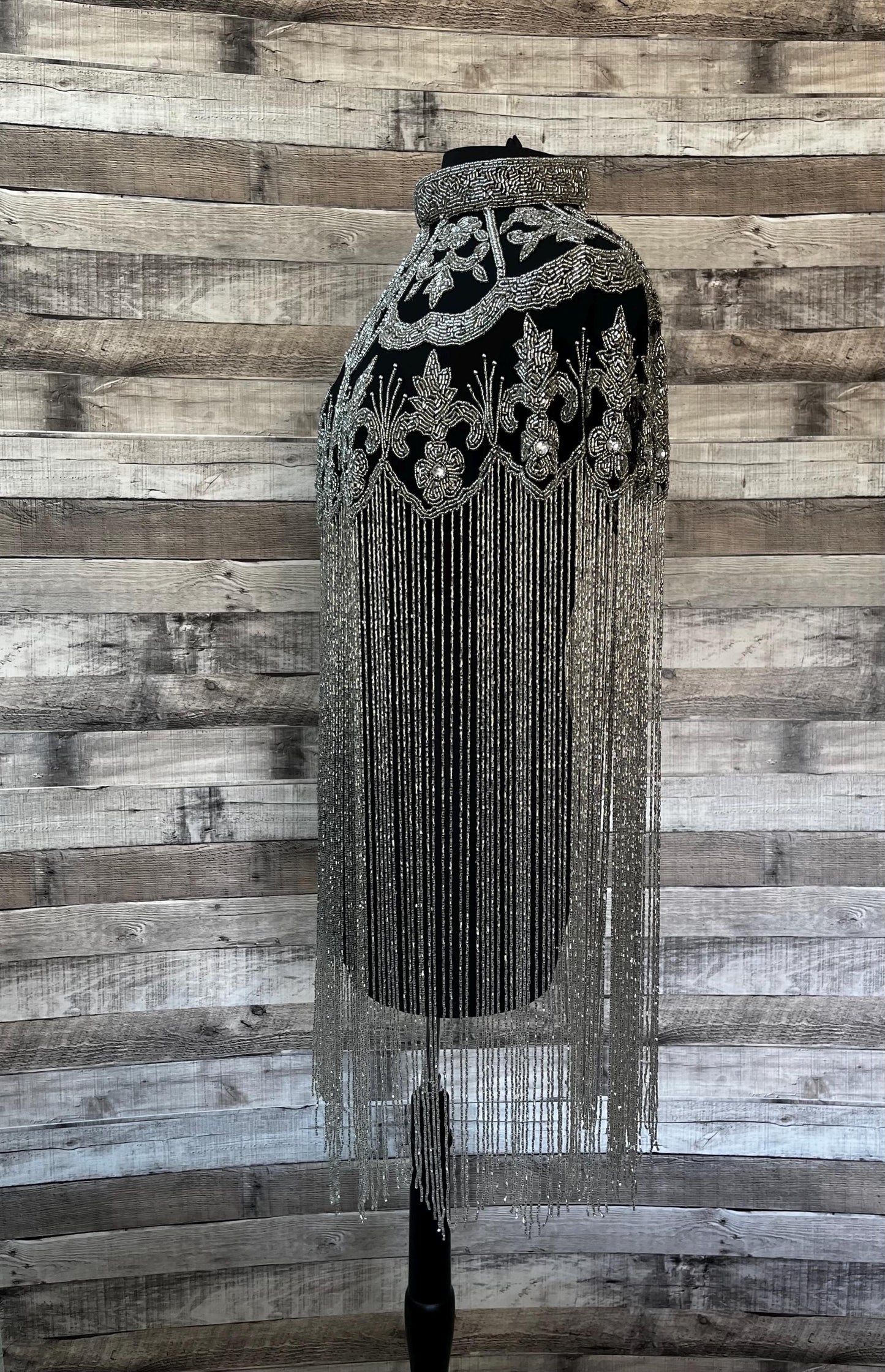 Glamorous Black and Silver Glass Beaded Collar with 24”  Bugle Bead Fringe Shoulder Shrug Shawl Applique Formal Wrap Western Rodeo