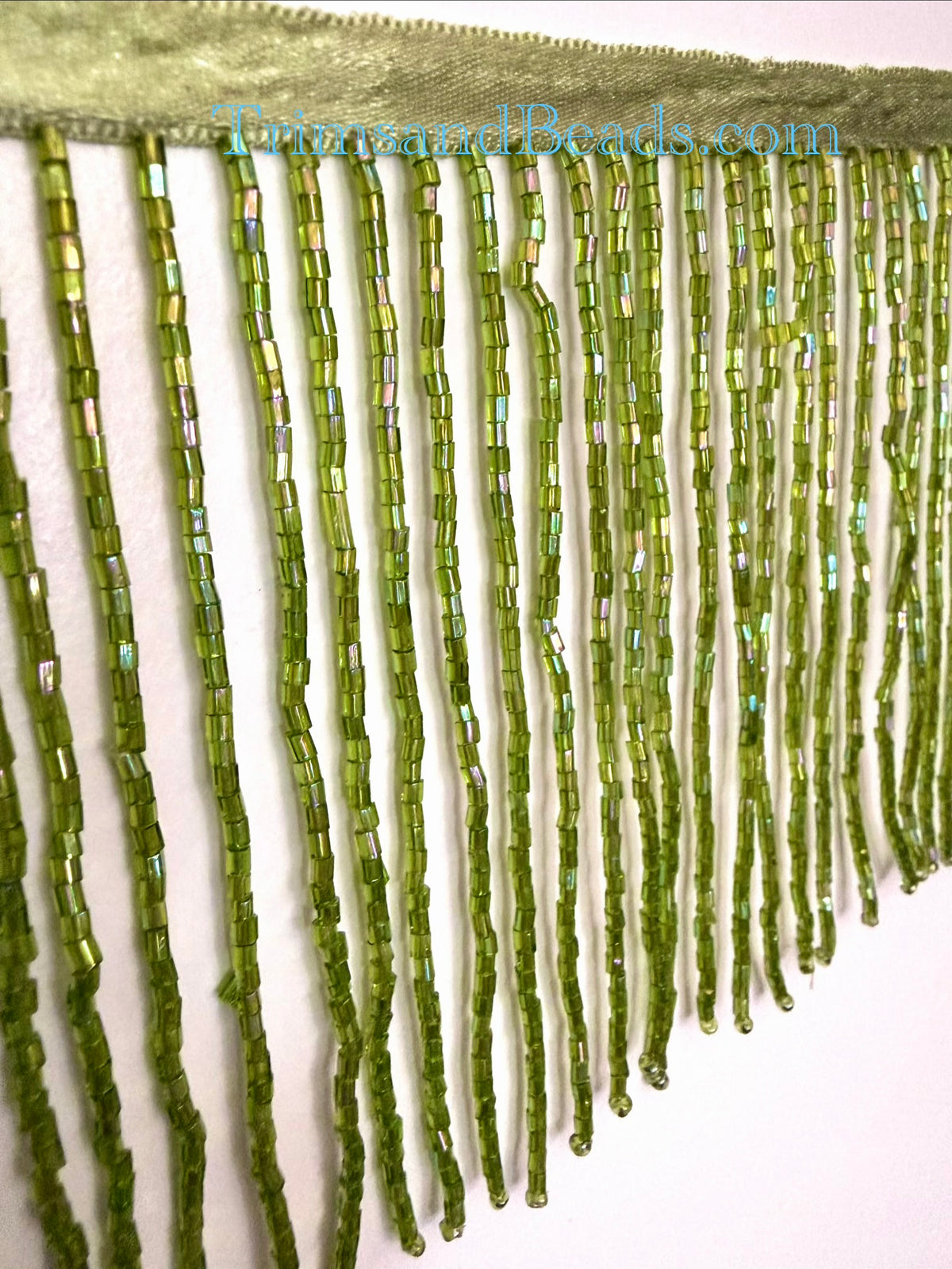4" LIME AB Glass BUGLE Bead Beaded Fringe Lamp Costume Trim