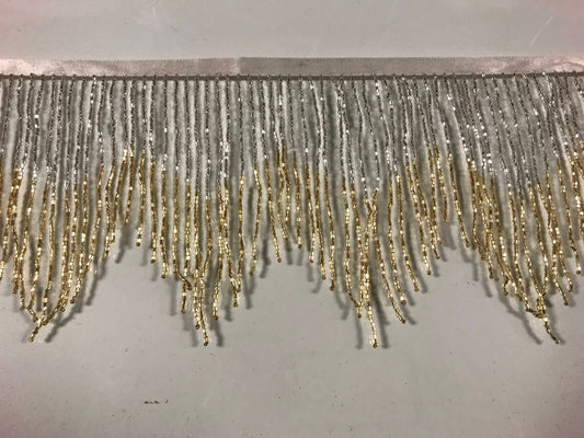 By the yard-6.5/6" Silver/Gold Sparkling Ombre Ombré CHEVRON Glass BUGLE Bead Beaded Fringe Lamp Costume Trim