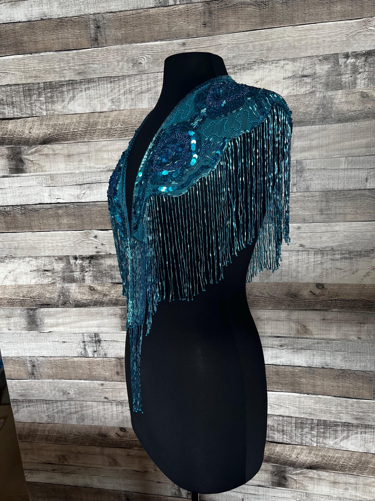 TURQUOISE BLUE Sequin Glass Rose Beaded & Sequin Lace Collar Shoulder Shrug Shawl Applique Wrap Bridal