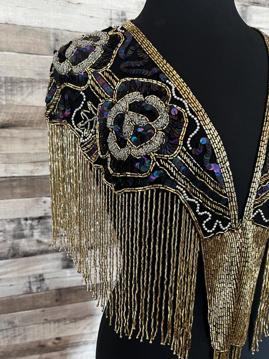 BLACK AB/GOLD Sequin Glass Rose Beaded & Sequin Lace Collar Shoulder Shrug Shawl Applique Wrap Bridal