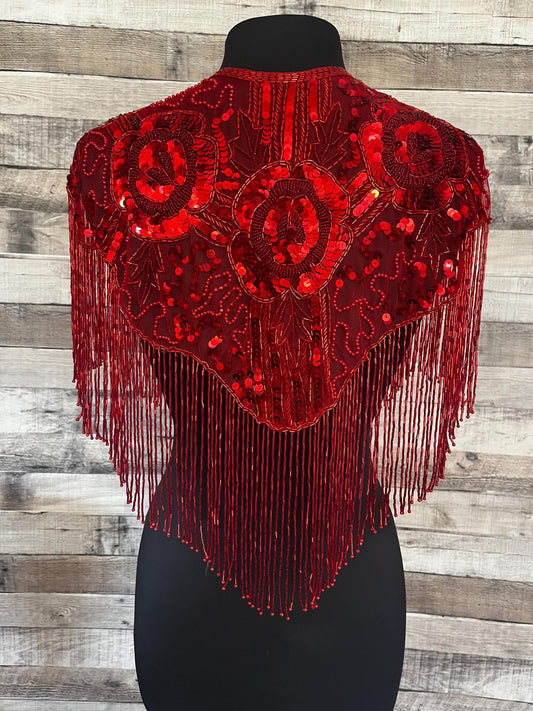 RED Sequin Glass Rose Beaded & Sequin Lace Collar Shoulder Shrug Shawl Applique Wrap Western Rodeo