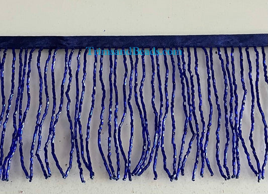 By the Yard 4/4.5" Dark ROYAL BLUE Glass BUGLE Bead Beaded Fringe Lamp Costume Trim