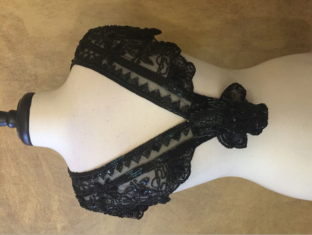 Sequin Glass Beaded & Sequin Lace Collar Shoulder Shrug Shawl Applique Black Gothic Vintage Bridal