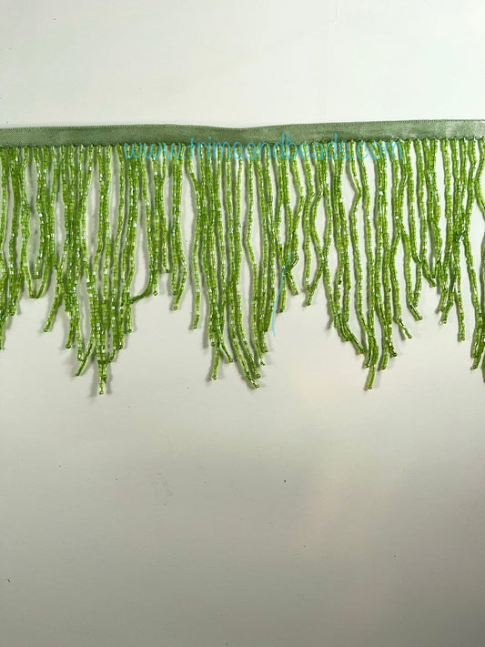 6/6.5" LIME Green Glass CHEVRON Beaded BUGLE BeadFringe Lamp Costume Trim Variegated