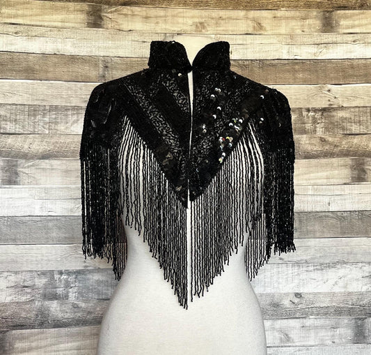 BLACK  Fringe Sequin Glass Beaded & Sequin Collar Shoulder Shrug Shawl Applique Wrap Western Rodeo