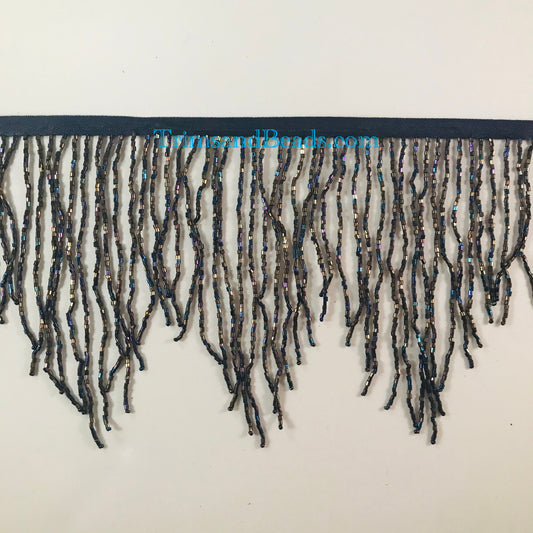 5 Yard Bolt- 6.5/6" Iridescent Black AB Sparkling CHEVRON Glass BUGLE Bead Beaded Fringe Lamp Costume Trim