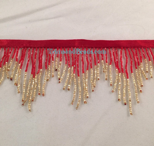 3" RED/GOLD Glass CHEVRON Bugle Bead Beaded Fringe Lamp Costume Trim Variegated