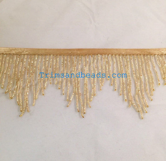4" GOLD Glass CHEVRON Bugle Bead Beaded Fringe Lamp Costume Trim Variegated