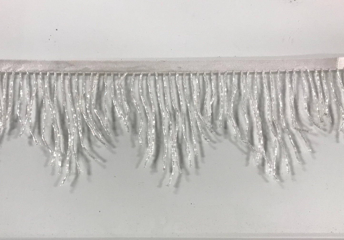 4" Iridescent White AB Glass CHEVRON BUGLE Bead Beaded Fringe Lamp Costume Trim Variegated