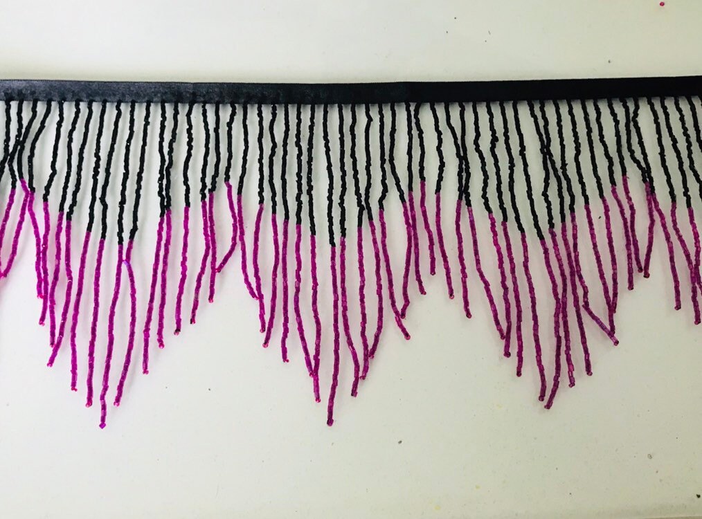 6" Black/Fuchsia AB Ombre Ombré CHEVRON Glass BUGLE Bead Beaded Fringe Lamp Costume Trim Variegated