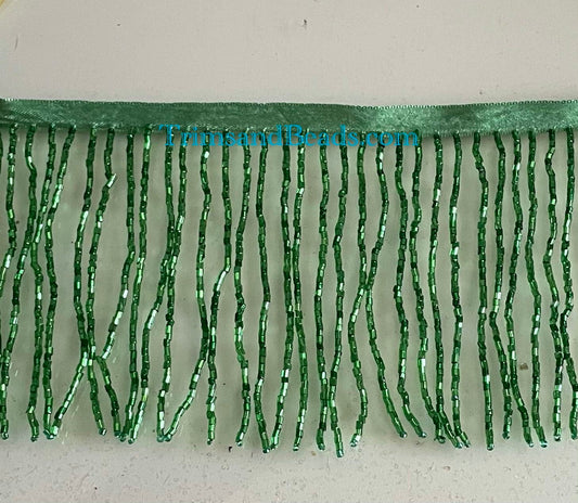 By the Yard 4/4.5" EMERALD GREEN Glass BUGLE Bead Beaded Fringe Lamp Costume Trim
