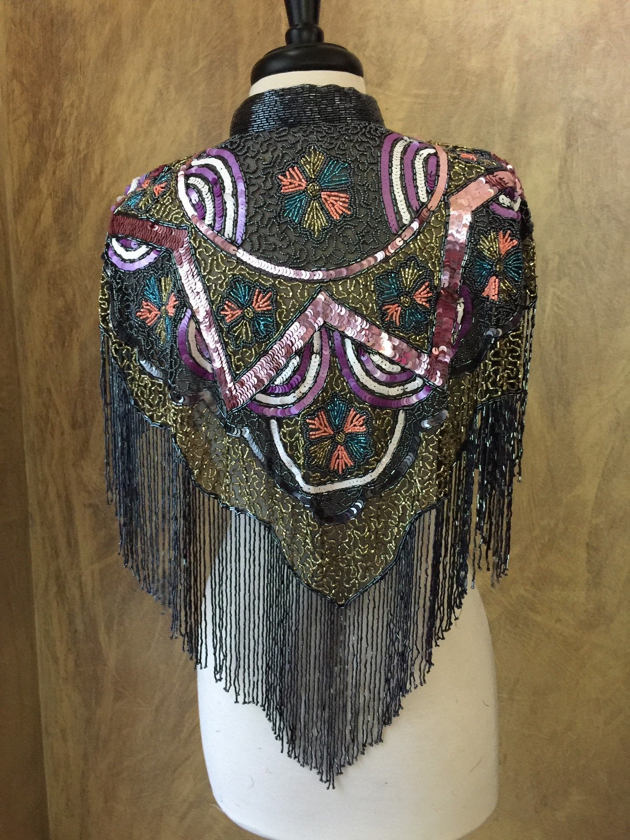 MULTI Beaded & Sequin Long Glass Fringe Collar Shoulder Shrug Shawl Applique Wrap Western Rodeo