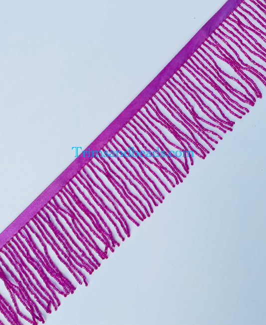 3” FUCHSIA AB Pink Glass BUGLE Bead Beaded Fringe Lamp Costume Trim