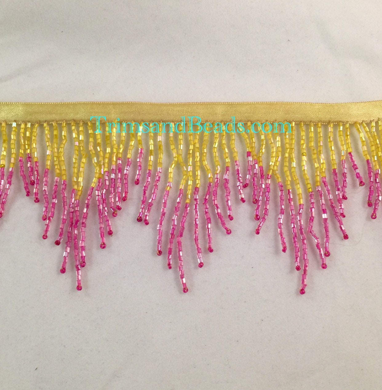 3" YELLOW/FUCHSIA Hot Pink Ombre Glass CHEVRON Bugle Bead Beaded Fringe Lamp Costume Trim Variegated