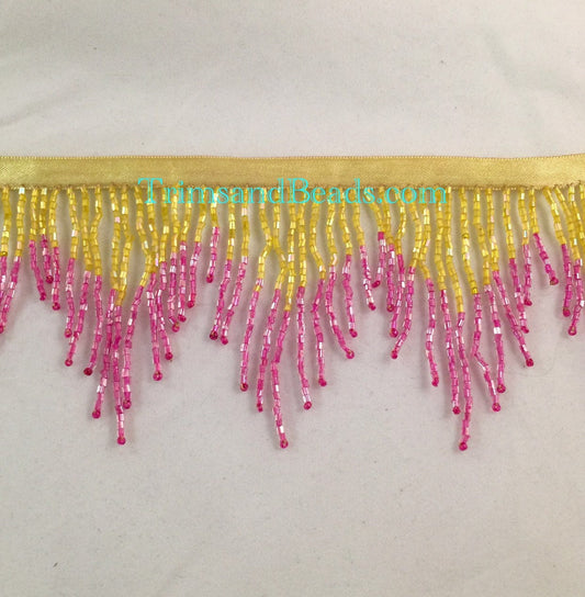 3" YELLOW/FUCHSIA Hot Pink Ombre Glass CHEVRON Bugle Bead Beaded Fringe Lamp Costume Trim Variegated