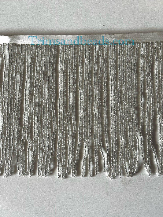 5 yard bolt 6" Clear SILVER Glass SEED Bead Beaded Fringe Lamp Costume Trim