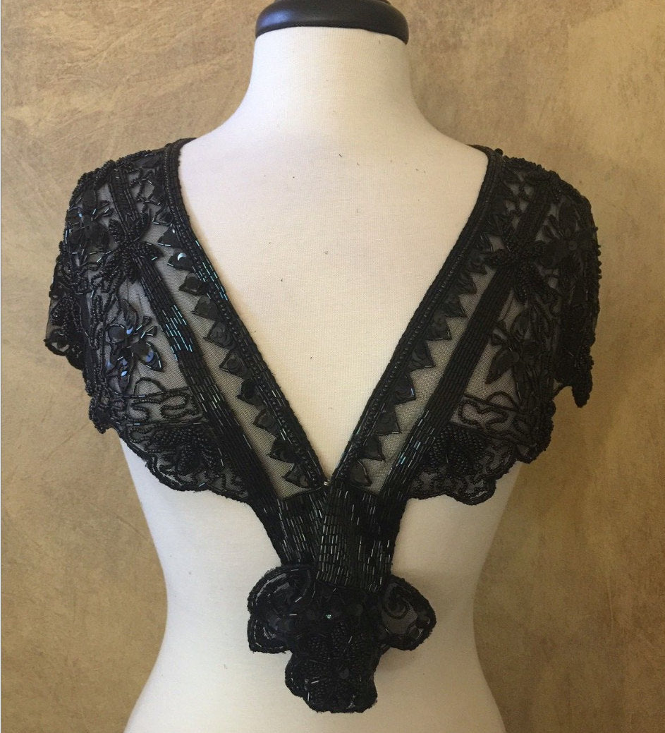 Sequin Glass Beaded & Sequin Lace Collar Shoulder Shrug Shawl Applique Black Gothic Vintage Bridal