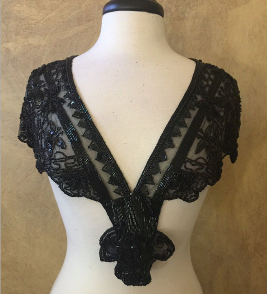 Sequin Glass Beaded & Sequin Lace Collar Shoulder Shrug Shawl Applique Black Gothic Vintage Bridal