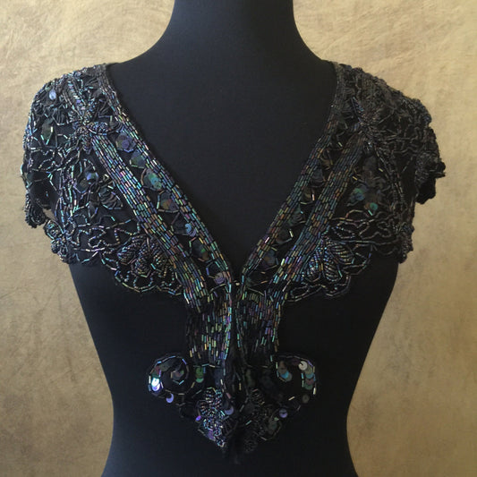 Sequin Glass Beaded & Sequin Wrap Lace Collar Shoulder Shrug Shawl Applique Peacock BLACK AB Vintage