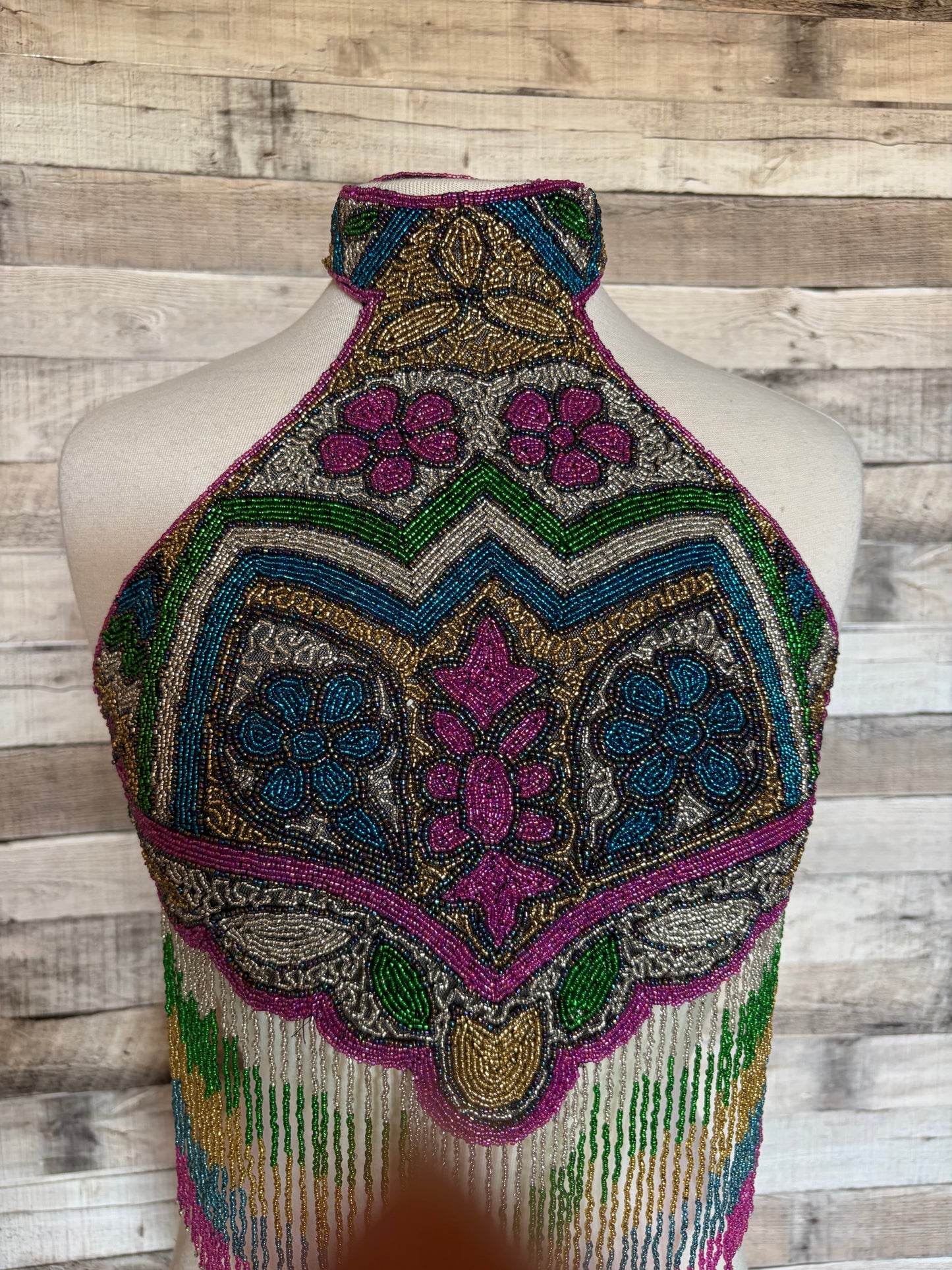 Glass Seed Bead Halter Crop Top with long Fringe