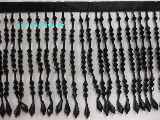 5 Yard Bolt- BLACK 5" ACRYLIC & Glass Seed Bead Beaded Fringe Lamp Costume Trim