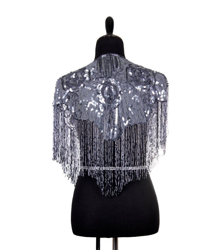 GUNMETAL GRAY Sequin Glass Rose Beaded & Sequin Lace Collar Shoulder Shrug Shawl Applique Wrap Bridal