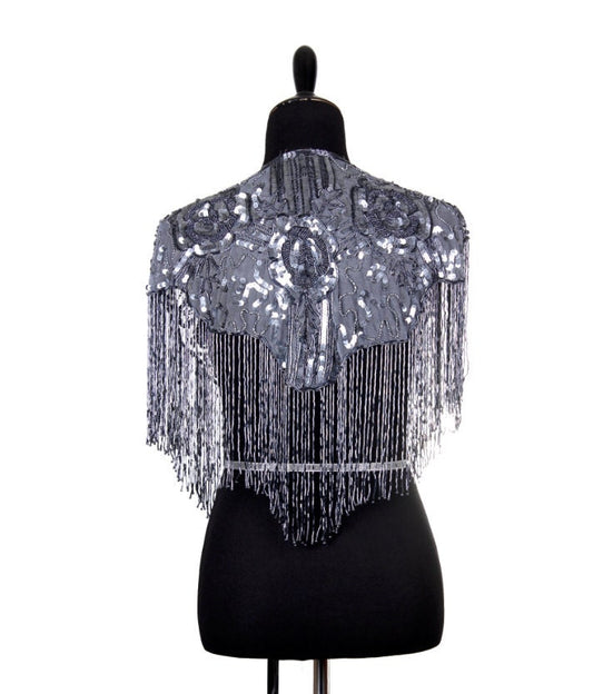 GUNMETAL GRAY Sequin Glass Rose Beaded & Sequin Lace Collar Shoulder Shrug Shawl Applique Wrap Bridal